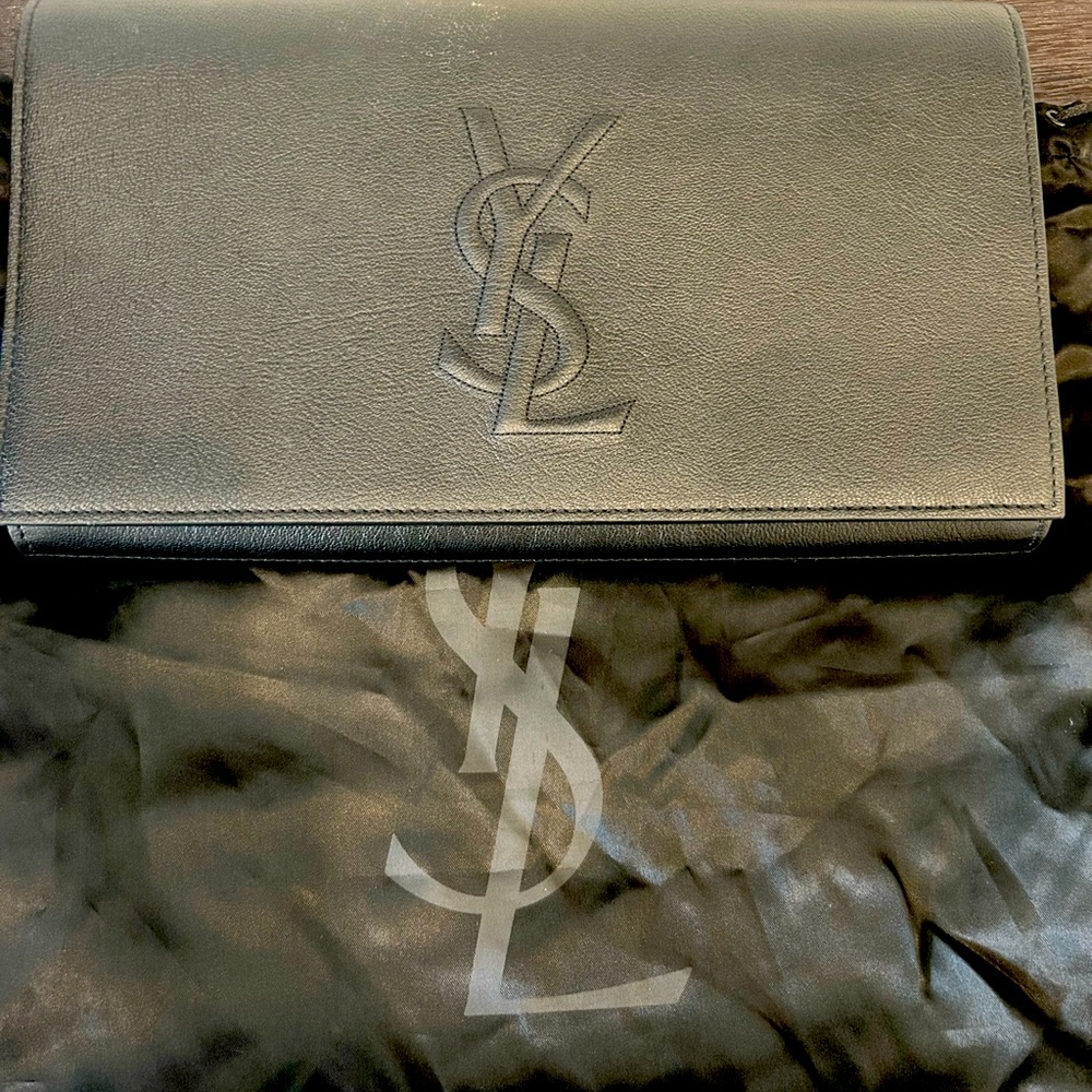 Saint Laurent Calfskin Monogram Large Belle De Jour Clutch Black